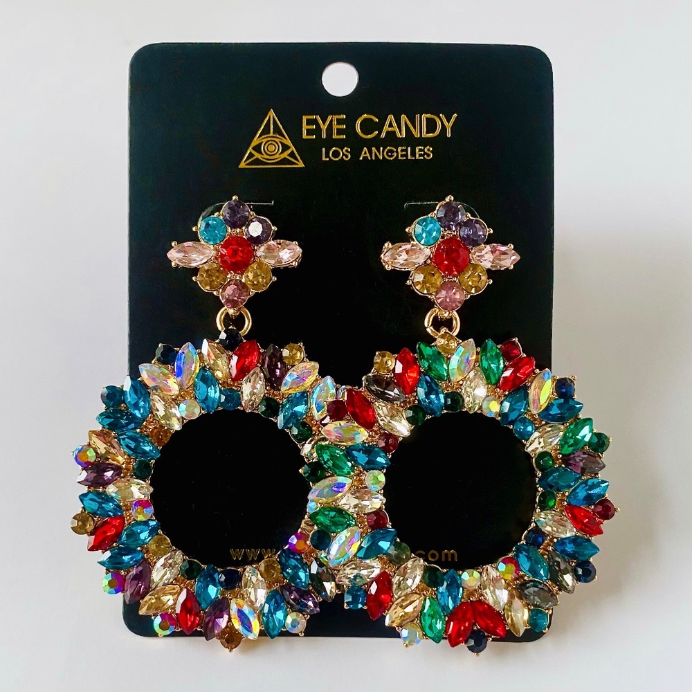 Eye Candy LA Multicolor CZ 14K Gold Plated 3" Dangle Circle Earrings *NWOT"
